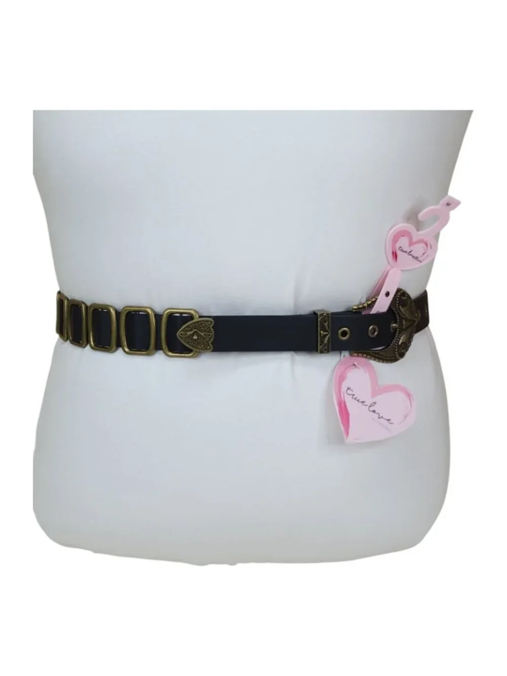 True Love Accessories Black Belt Brass Accents With Heart Buckle Medium 42 1/2